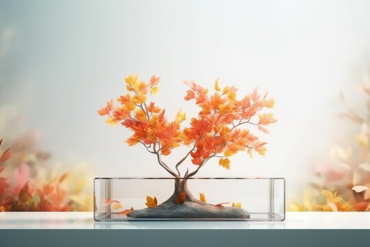 Empty glass platform, exhibition stand, or product display. Platform for business, advertising, and the promotion of cosmetics. Background with trees, flowers, and leaves in autumn. Generative AI