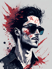Beautiful man wearing trendy sunglasses, 60s fashion poster. AI generated illustration