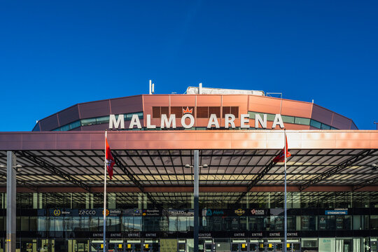 Malmo, Sweden - October 23, 2021: Exterior view of Malmo Arena. Home of SHL ice hockey club Malmo Redhawks and the largest arena in the SHL.