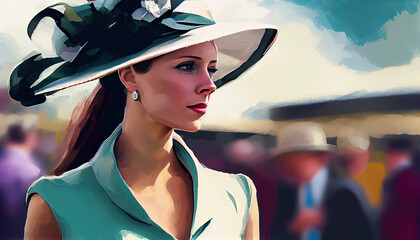 woman in beautiful hat at ascot racecourse, attending horse racing - obrazy, fototapety, plakaty