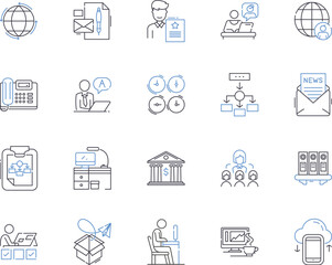 Corporation management outline icons collection. Corporating, Management, Strategy, Oversight, Administration, Regulation, Finance vector and illustration concept set. Planning, Systems, Structuring