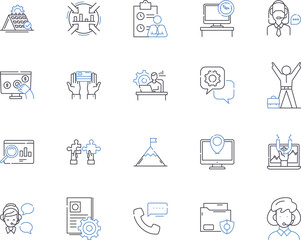 Working team outline icons collection. Collaborative, Unit, Cooperative, Productive, Efficient, Effective, Unified vector and illustration concept set. Group, Members, Professional linear signs