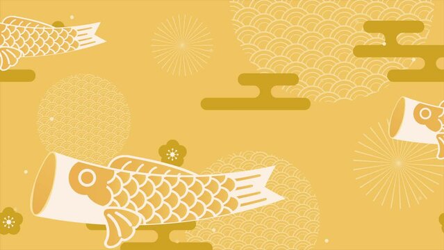 4K Japanese Golden Week pattern background. Animation cartoon seamless loop. Koinobori on gold background	