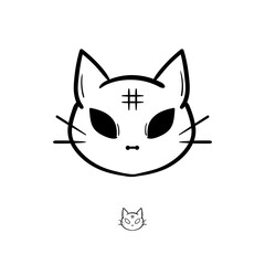 Cat head black eye mystery. Scary kitty face. Hand drawn line icon illustration
