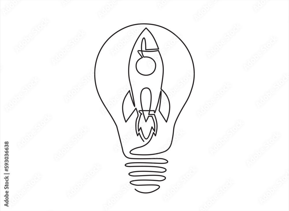 Poster continuous one single line drawing of rocket launching to space with light bulb, launching a creativ