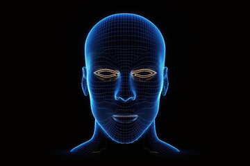 An abstract digital head form with glowing lines and bokeh circles on a blue backdrop is a potential future AI and machine learning concept. Generative AI