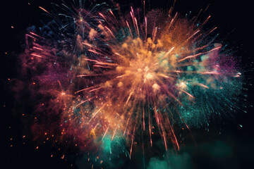 Fototapeta premium Celebration multicolored fireworks, copy space. 4 of July, 4th of July, Independence Day beautiful fireworks. Canada Day holidays salute. New Year celebration colorful fireworks.