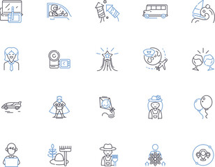 People lifestyle outline icons collection. Living, Dining, Travelling, Clothing, Working, Shopping, Writing vector and illustration concept set. Relaxing, Socializing, Bonding linear signs