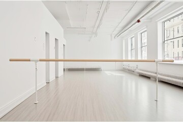 ballet barre in a studio with white walls. An empty ballet class, white walls, and a light wood bar. Generative AI