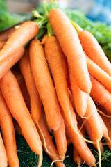 Freshly harvested carrots at weekly market. Gastronomy background with short depth of field.