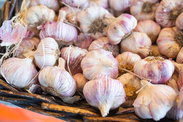 Freshly harvested white asparagus at weekly market. Gastronomy background with short depth of field. 