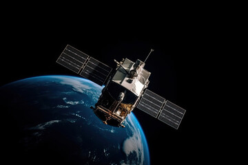 Obraz na płótnie Canvas Satellite Orbiting Earth on Black Background. Generative AI