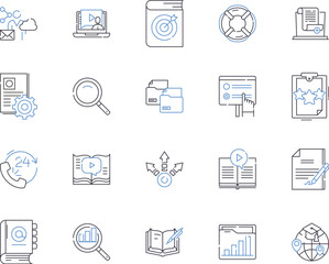 Knowledge management outline icons collection. Knowledge, Management, Storage, Sharing, Synthesis, Creation, Acquisition vector and illustration concept set. Analysis, Organization, Classification