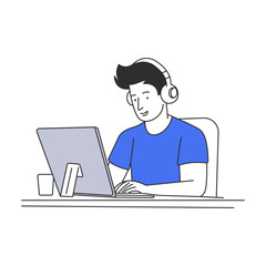 Fototapeta na wymiar Remote assistance and online support. Male avatar of the virtual assistants. Minimal line art style. Vector illustration.