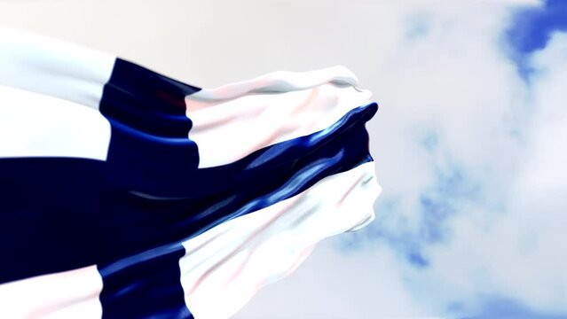 Finland Flag Video close-up. Waving Finland Flag, cloudy sky background, Time-lapse effect. The Finnish Flag, 3D 4K Slow Motion Video