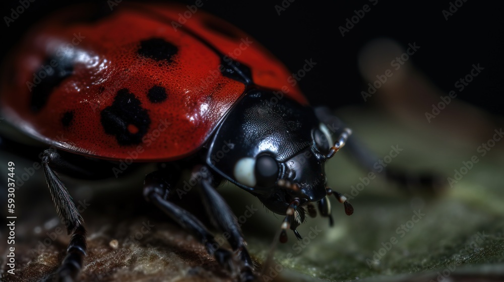 Poster a close up of a red and black bug on a leaf. generative ai