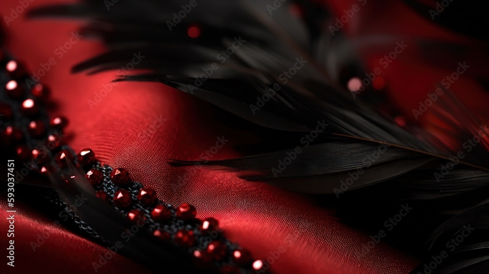 Poster a close up of a red cloth with black feathers on it. generative ai
