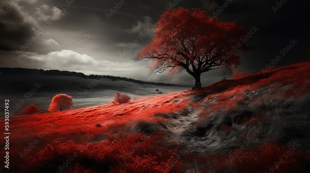 Poster a lone tree in the middle of a red field