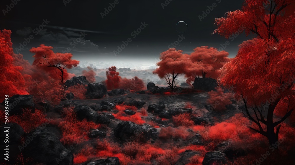 Poster a painting of a red forest with rocks and trees in the foreground. generative ai
