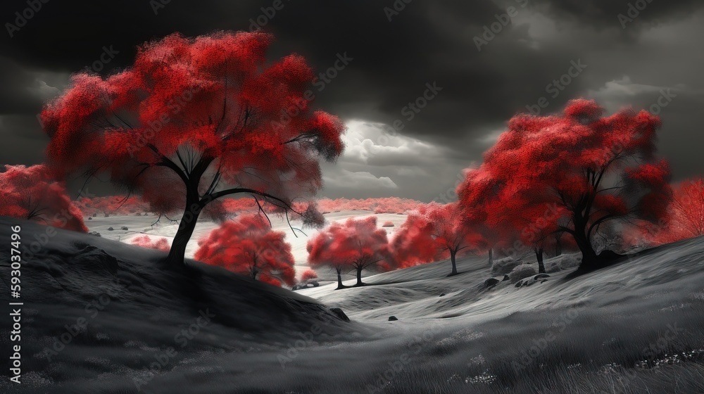 Poster a painting of a red tree in a snowy landscape with dark clouds. generative ai