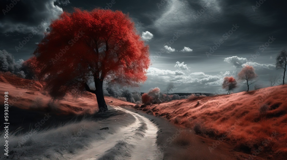 Aufkleber a red tree in the middle of a dirt road with a cloudy sky in the background. generative ai