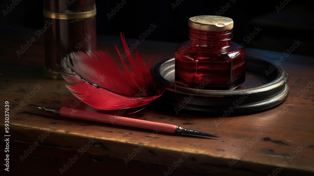 Poster a pen and a bottle on a table with a feather quill. generative ai
