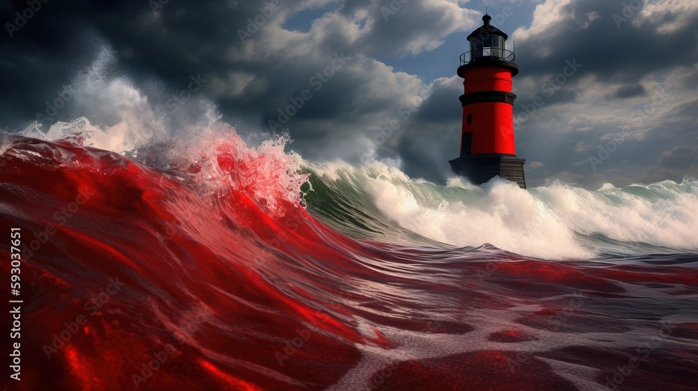 Poster  a red lighthouse in the middle of a large ocean wave.  generative ai