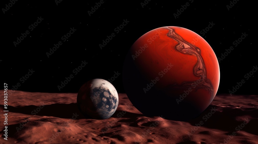 Poster an image of a red planet and a blue planet on the surface of the moon. generative ai