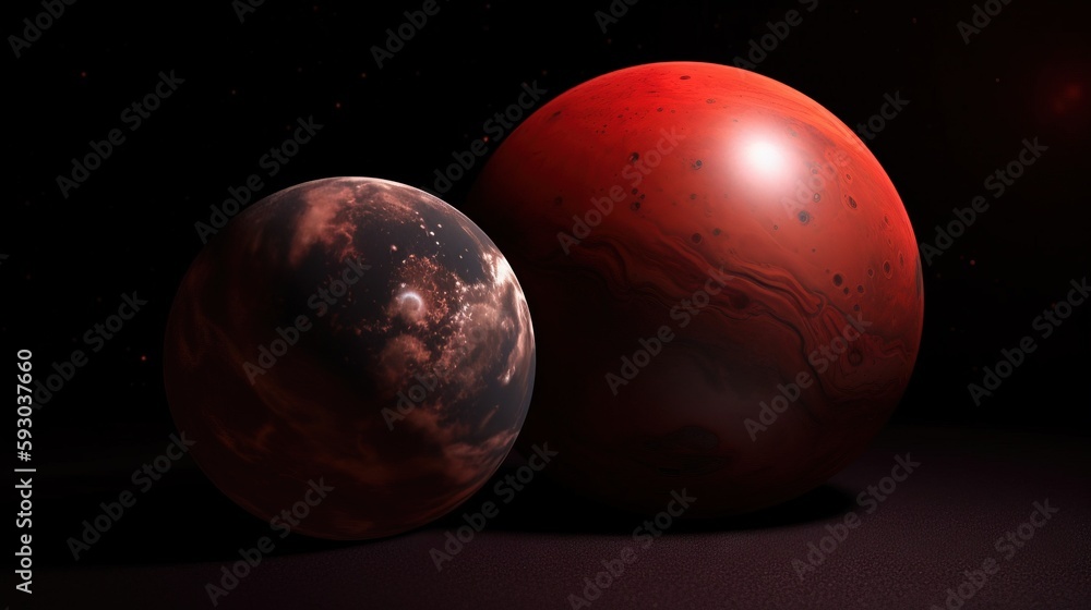 Poster two red planets in a dark space with stars in the background. generative ai