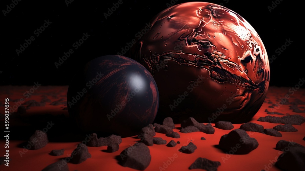 Poster a close up of two balls on a surface with rocks. generative ai