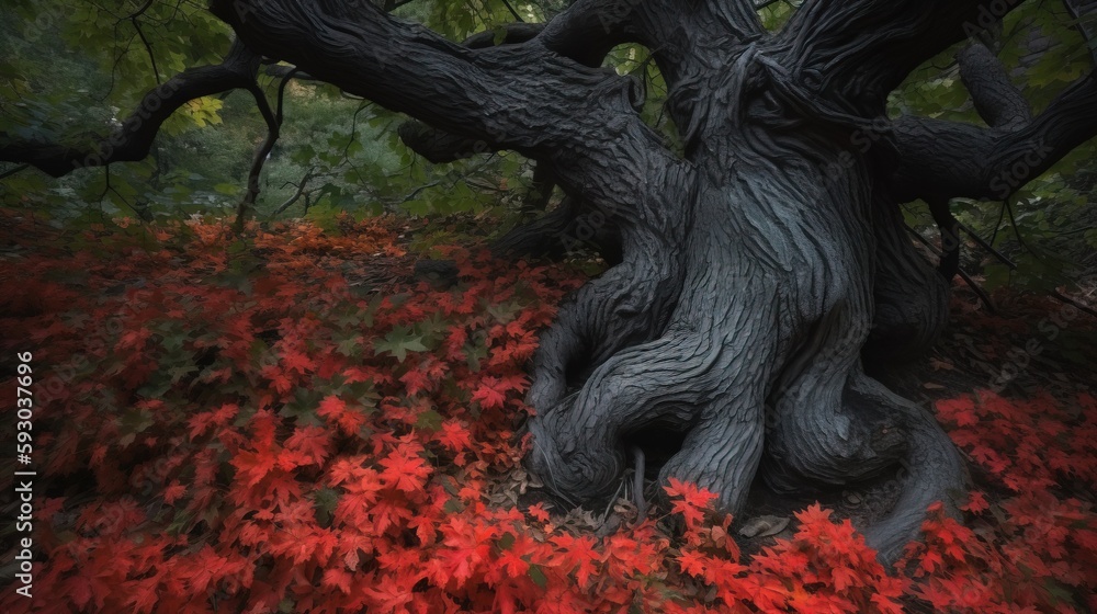 Poster a large tree with red leaves on the ground in a forest. generative ai