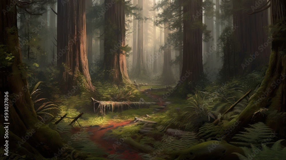 Poster a painting of a forest with a stream running through it. generative ai