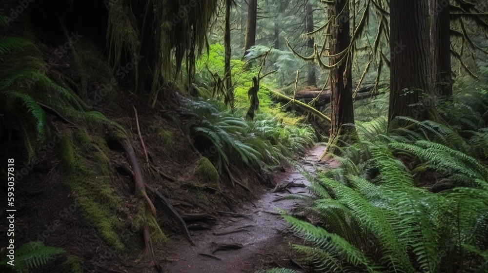 Poster a path through a forest with lots of trees and ferns. generative ai