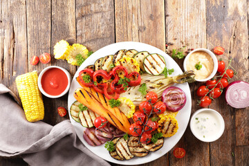 Fototapeta na wymiar grilled vegetables platter and dipping sauce