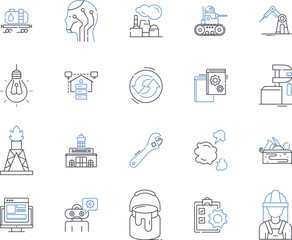Builder and industry outline icons collection. Builder, Industry, Construction, Development, Foreman, Architect, Contractor vector and illustration concept set. Craftsman, Technician, Site linear
