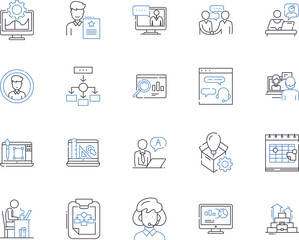 Corporation workflow outline icons collection. Corporate, Workflow, Process, Management, Automation, Systems, Analysis vector and illustration concept set. Data,Productivity,Business linear signs