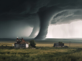 Naklejka na ściany i meble Natural disaster, hurricane tornado blowing across the land and destroying the country, climate change - Generative AI