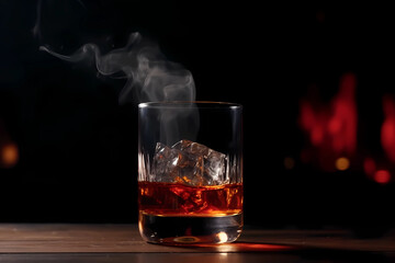 Black Smoke Coming Out Of A Glass Of Red Whiskey On. Created by Generative AI