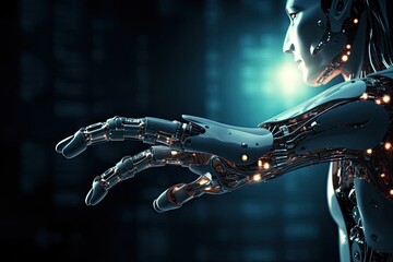 Artificial intelligence technology and a robotic hand pointing are used in the background. Generative AI