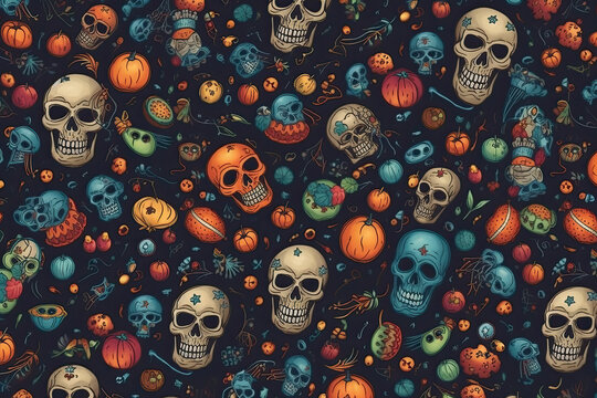 skulls, pumpkins and other halloween items on a dark blue background stock photo - free image from shutterstocker com. Generative AI