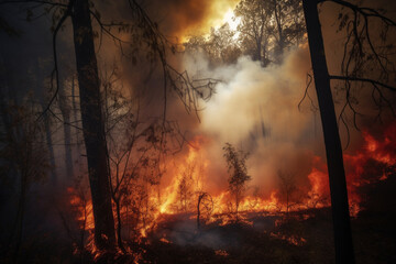 Enormeous forest fire, dark smoke clouds enveloping dying forest - Generative AI