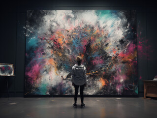 Fototapeta premium Young street artist woman standing in front of her immortalized creation, a vibrant colorful mural - Generative AI