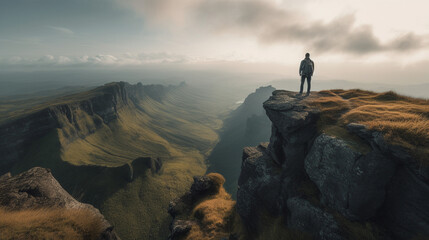 Man - Hiker standing on top of an enormeous mountain cliff looking at the incredible view at midday with soft sunlight - Generative AI