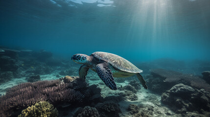 Obraz premium Calm sea turtle swimming amongst the coral reefs just under the surface, sunlight breaking through the waves - Generative AI