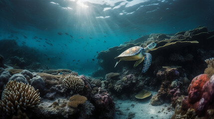 Obraz premium Calm sea turtle swimming amongst the coral reefs just under the surface, sunlight breaking through the waves - Generative AI