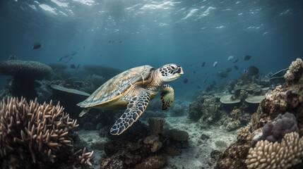 Fototapeta na wymiar Calm sea turtle swimming amongst the coral reefs just under the surface, sunlight breaking through the waves - Generative AI