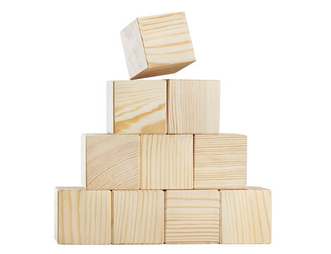 Pyramid of ten wooden cubes, cut out