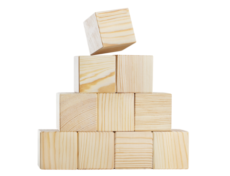 Pyramid of ten wooden cubes, cut out