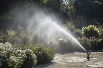 Water Sprayer Being Used To Create Misting Effect For Outdoor Cooling. Generative AI
