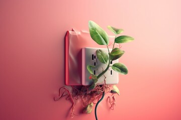Obraz premium Green sprouts growing in electric socket on pink background. Power energy concept. 3d render illustration with copy space. Saving environment, save clean planet, ecology concept. Card. Generative AI